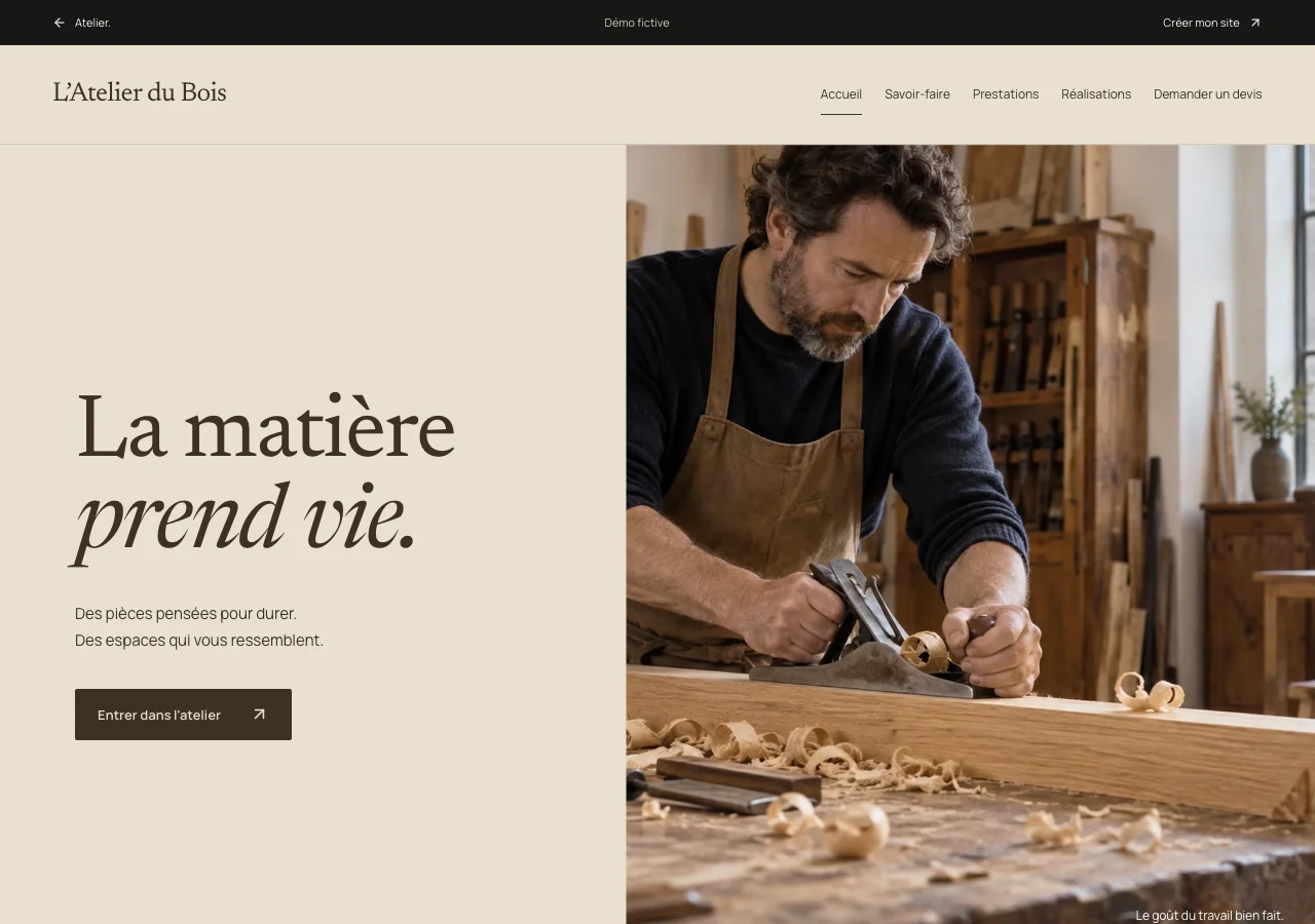 Aperçu réel du site de démonstration L’Atelier du Bois