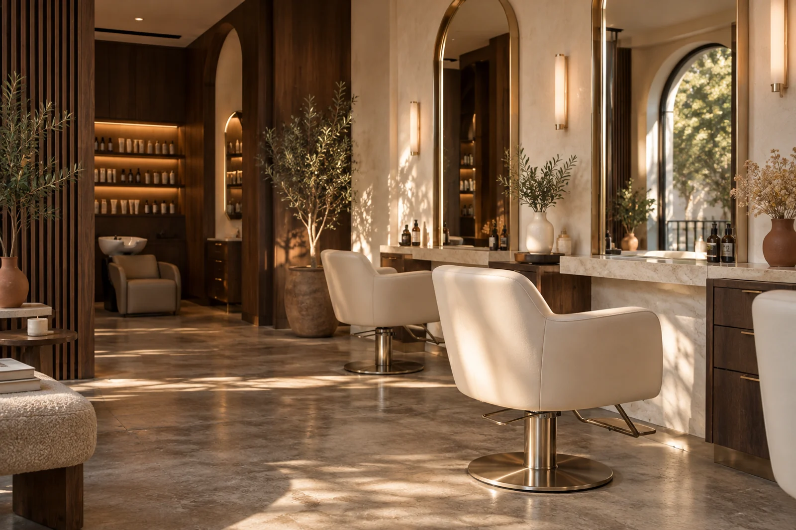 Salon de coiffure aux miroirs cintrés, fauteuils crème et mobilier en noyer.