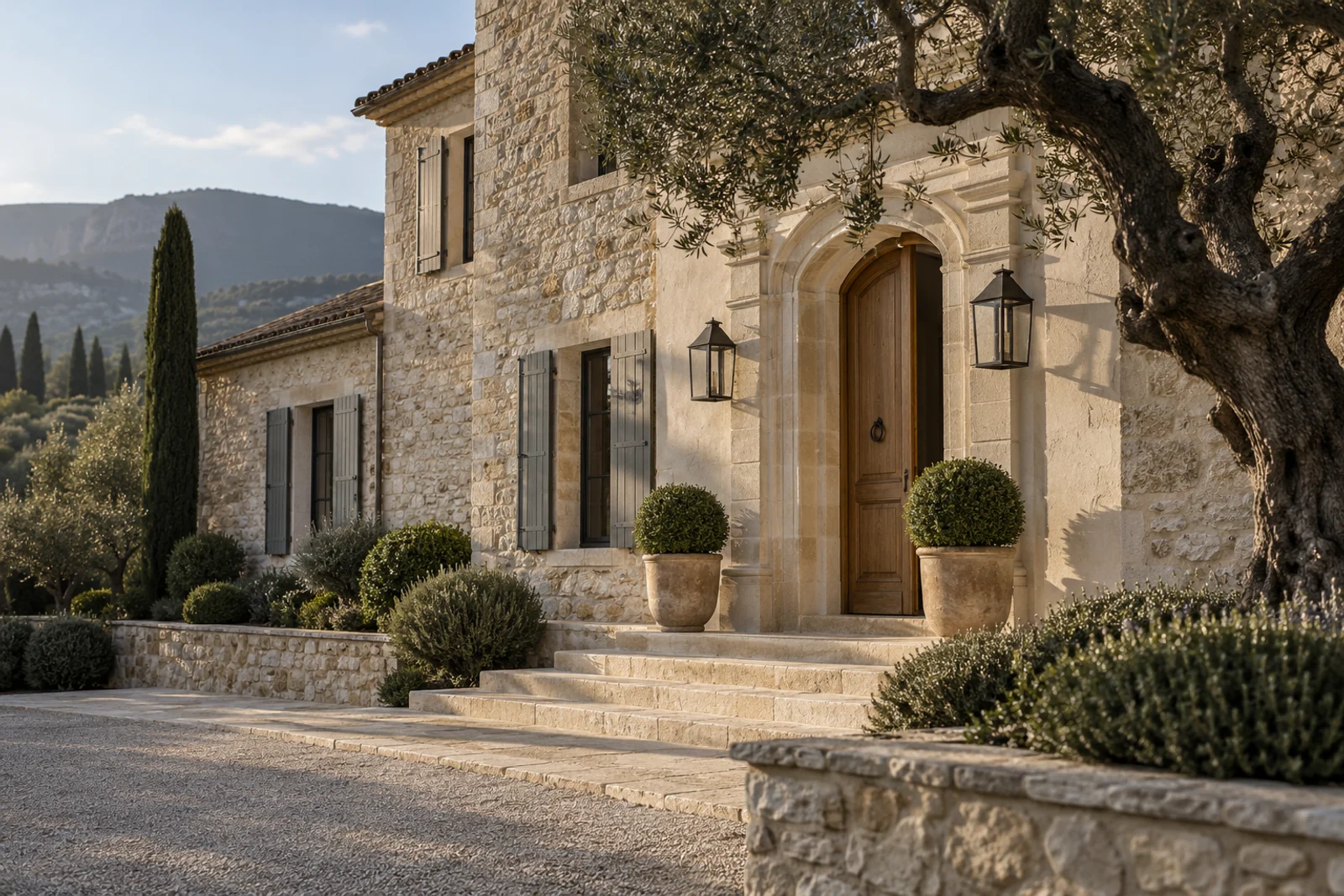Maison en pierre naturelle, entrée maçonnée et enduit à la chaux au soleil.