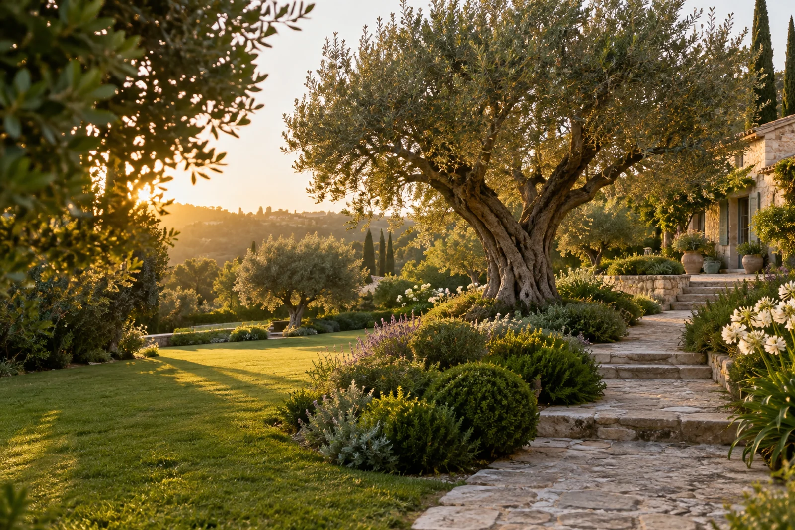Jardin méditerranéen, chemin de pierre et oliviers dans la lumière du soir.